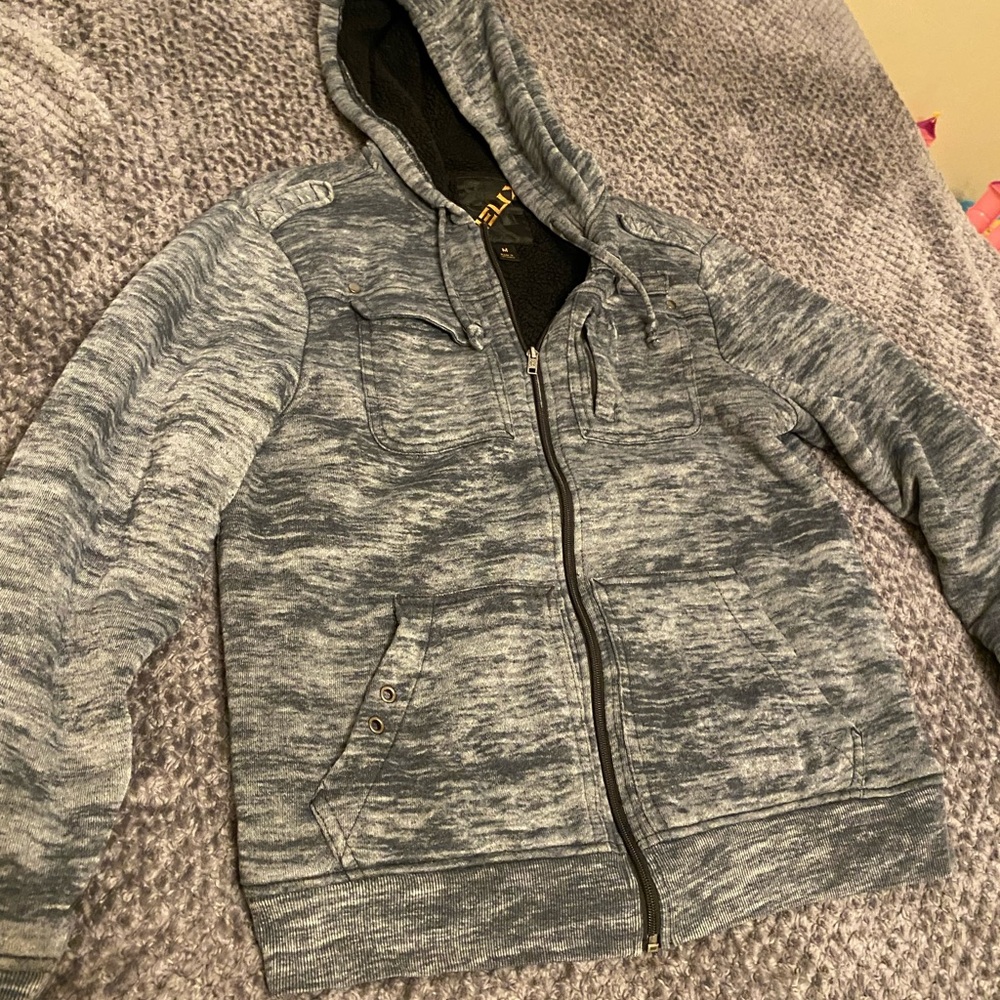 Mens Medium Marled Grey Hooded Zip Jacket